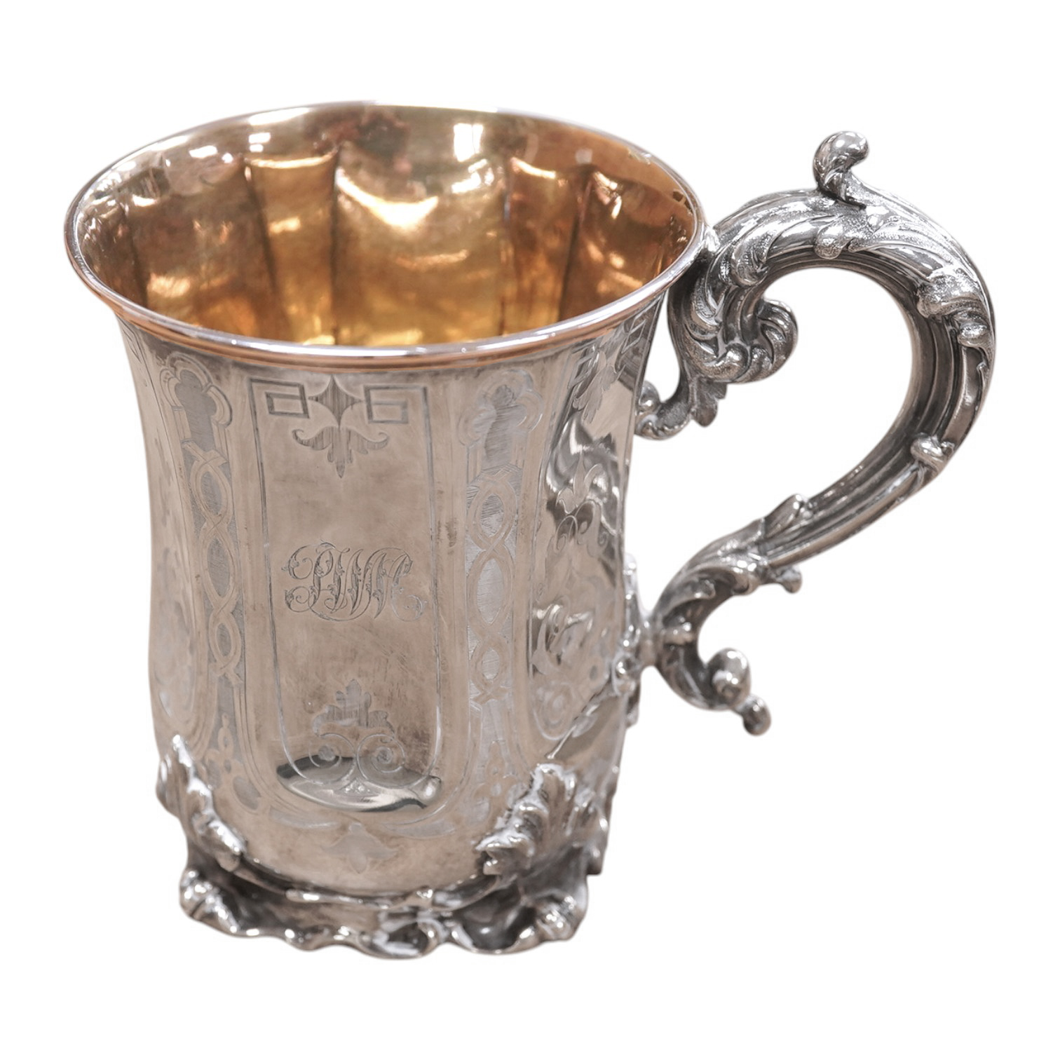 A large Victorian engraved silver christening mug, by Edward & John Barnard, London, 1856, 13.8cm, 11.4oz. Condition - fair to good